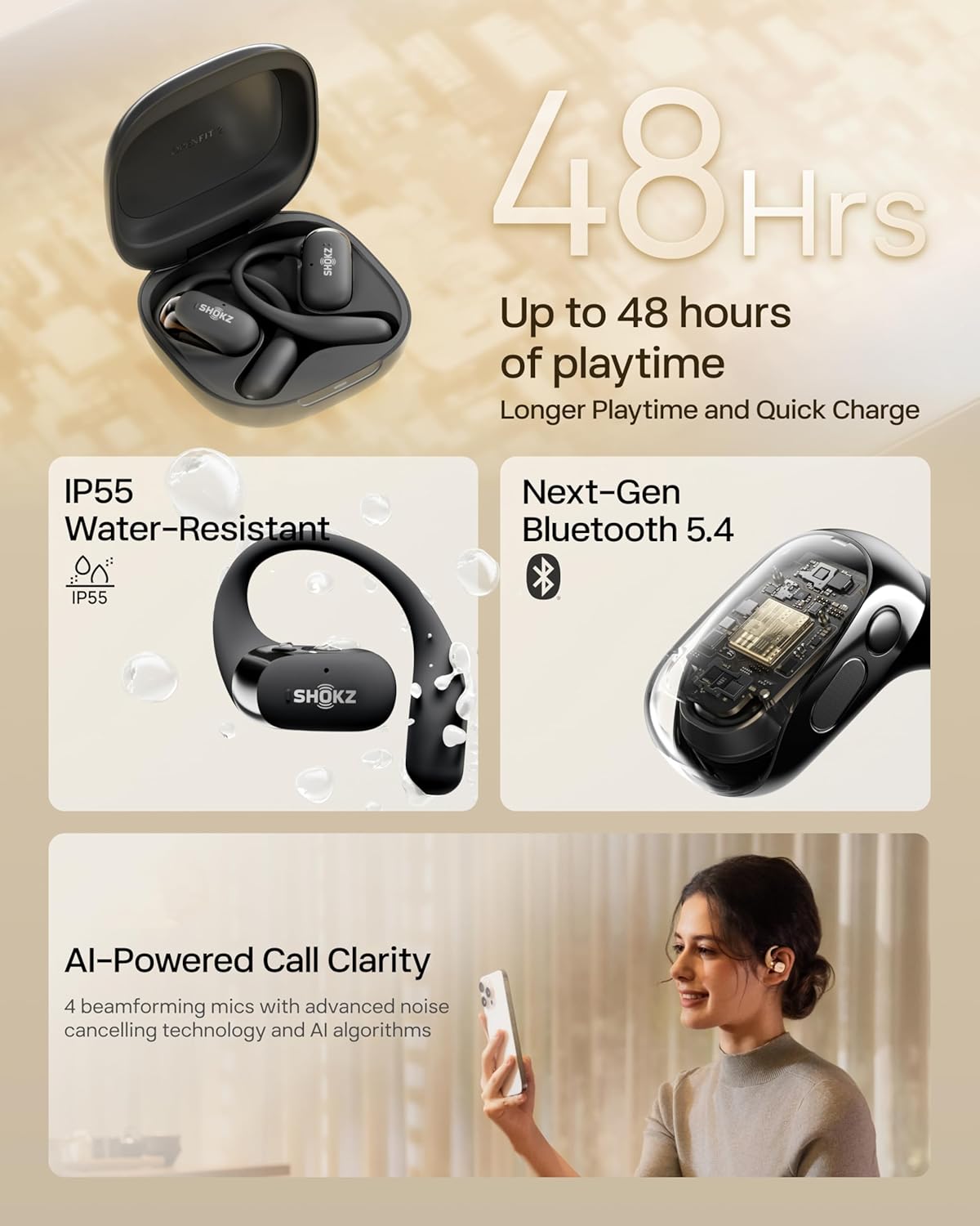 New SHOKZ OpenFit 2 Open-Ear Headphones, True Wireless Bluetooth Earphones with Microphone, Earhook Earbuds with 48 Hours of Playtime, Fast Charging, IP55 Water-Resistant, with Carrying Bag, Black