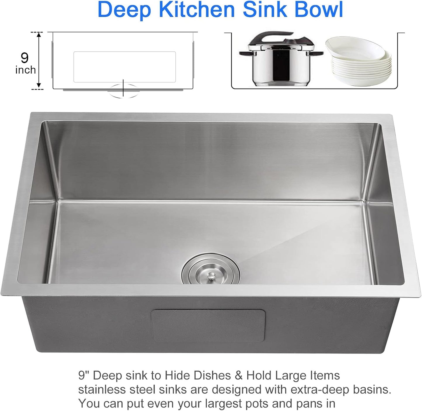 MENATT 20-inch Undermount Kitchen Sink, SUS304 Stainless Steel Handmade Single Bowl Kitchen Sink with Sink Strainer (Brushed), 20"x16"x9"