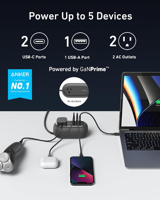 Anker GanPrime 65W Charging Station, 615 USB C Power Strip, 5-in-1 | 2 AC, 2 USB-C and 1 USB-A, 3ft, Power Delivery for iPhone, Galaxy S22, iPad, MacBook, and More