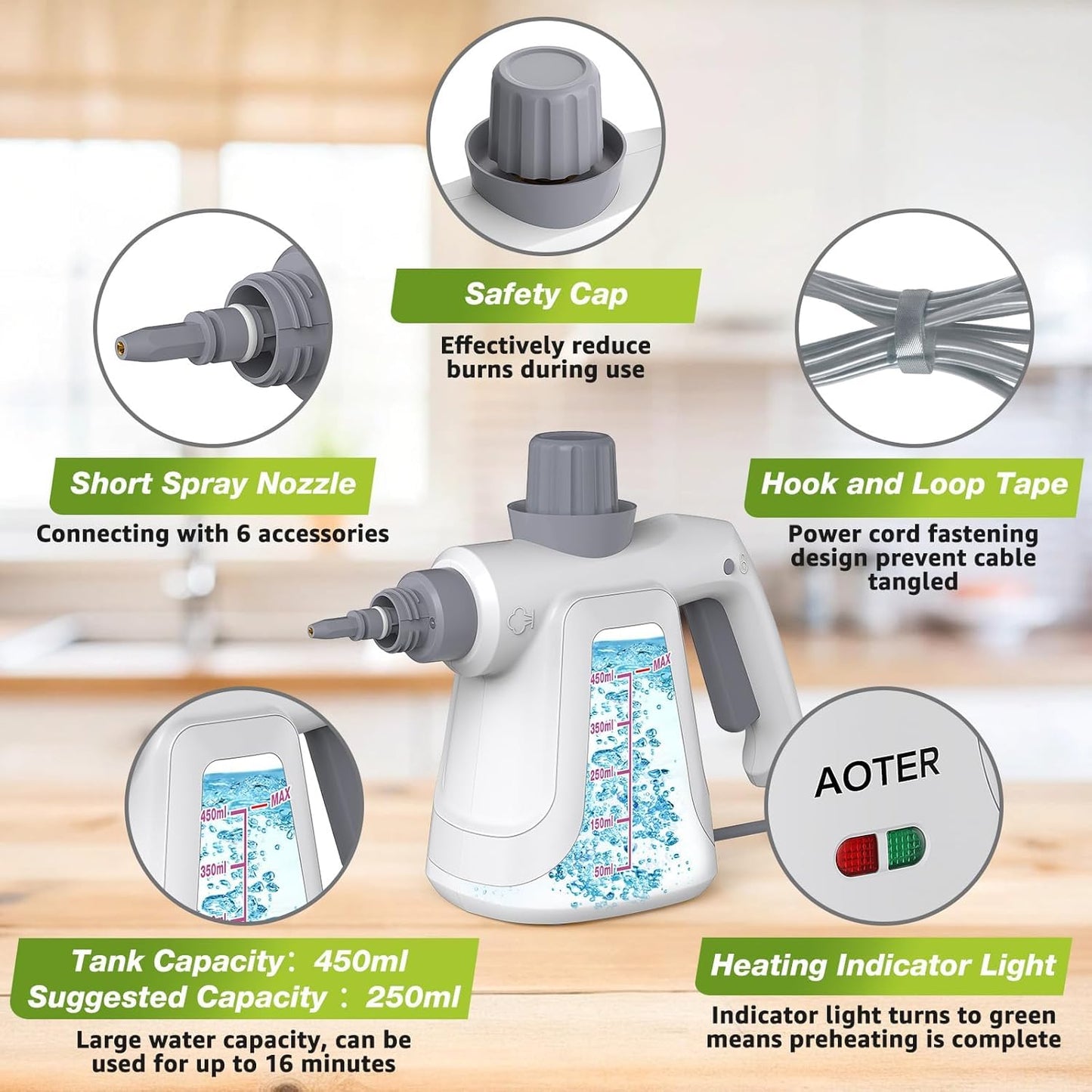 AOTER Pressurized Handheld Steam Cleaner, Portable Steam Cleaner Multipurpose for Home, Multi-Surface Steam Cleaner for Tile, Grout, Windows, Bathroom, Kitchen, Car Cleaning, with 12pcs Accessories