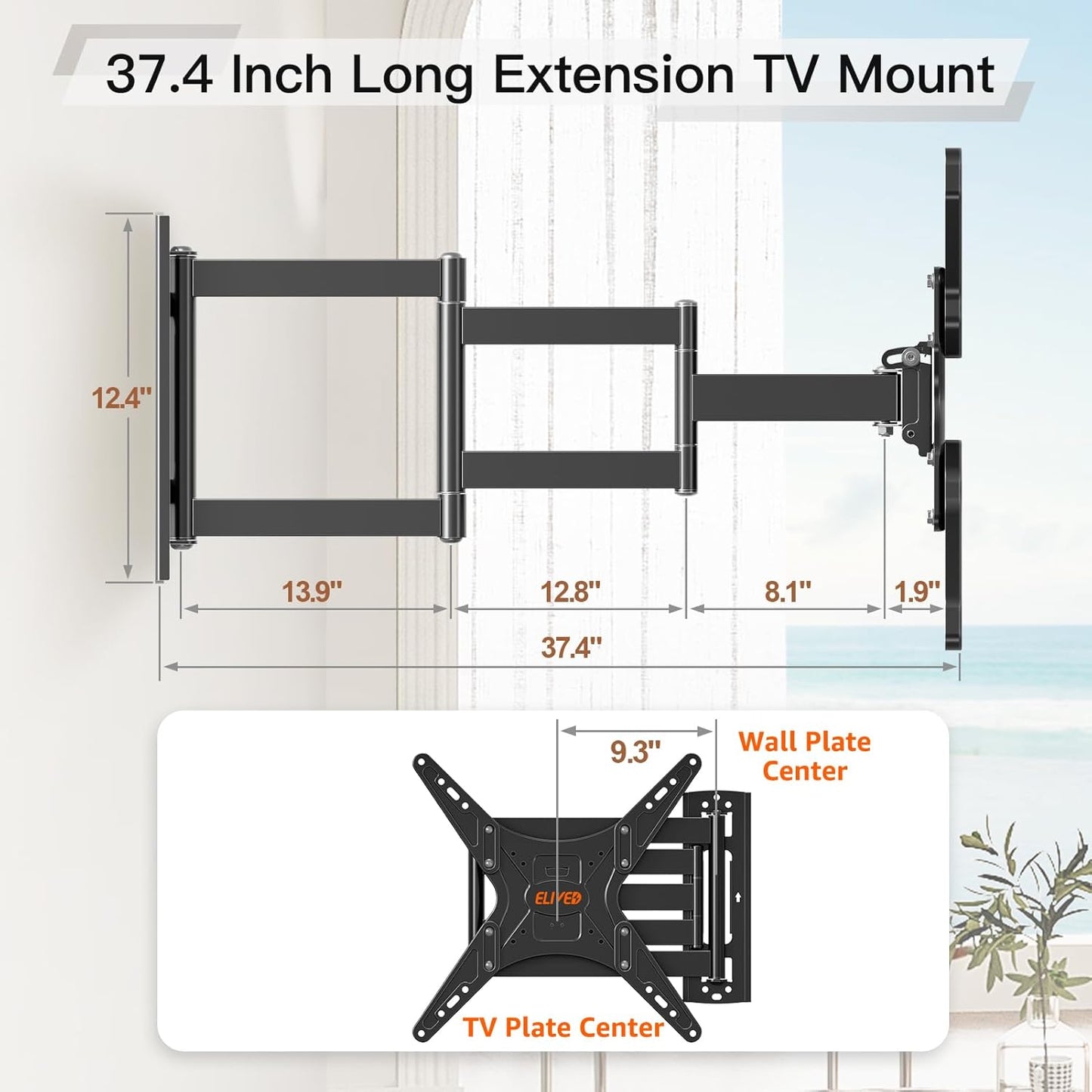 ELIVED Long Arm TV Wall Mount for Most 26-65 Inch TVs, 37.4 Inch Long Extension TV Mount Swivel and Tilt, Max VESA 400x400mm, Full Motion Wall Mount tv Bracket Holds up to 77 lbs.