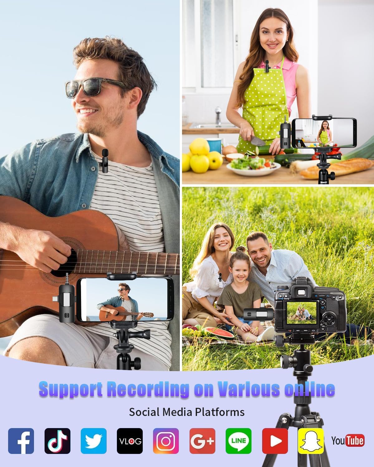Wireless Lavailer Microphone for iPhone, Android, Camera, iPad, USB C, 4 in 1 Professional Mini Microphone with Noise Reduction, Wireless Mic for Video Recording, Vlog, YouTube, TikTok