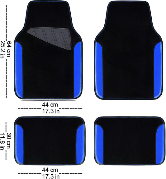 CAR PASS Rainbow Waterproof Universal Fit Faux Leather Car Carpet- Anti-Slip Nibbed Backing Floor Mats for SUV, Vans, Sedans, Trucks, Automotive Set of 4pcs (Black with Blue)