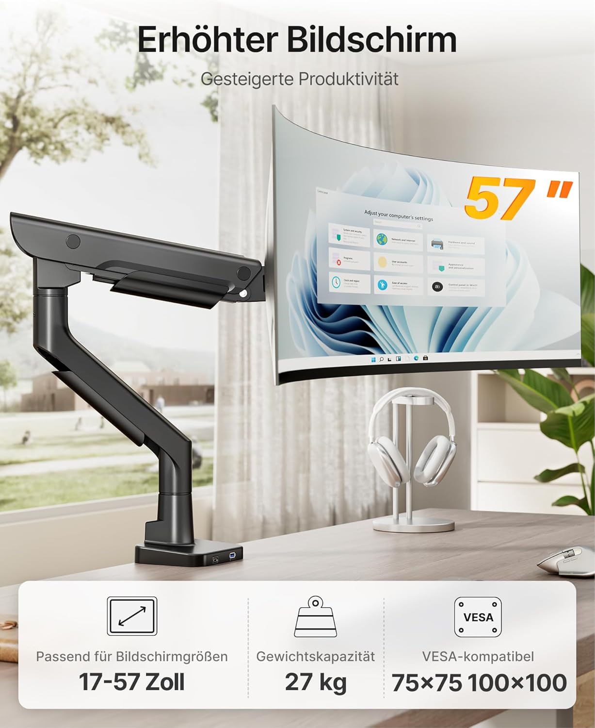 monTEK Premium Aluminum Monitor Arm for 17–57” Ultrawide Screens up to 59 lbs, USB 3.0 Single Desk Mount with Adjustable Gas Spring, Quick-Release Plate, 10-Min Assembly, Clamp/Grommet, VESA 100x100