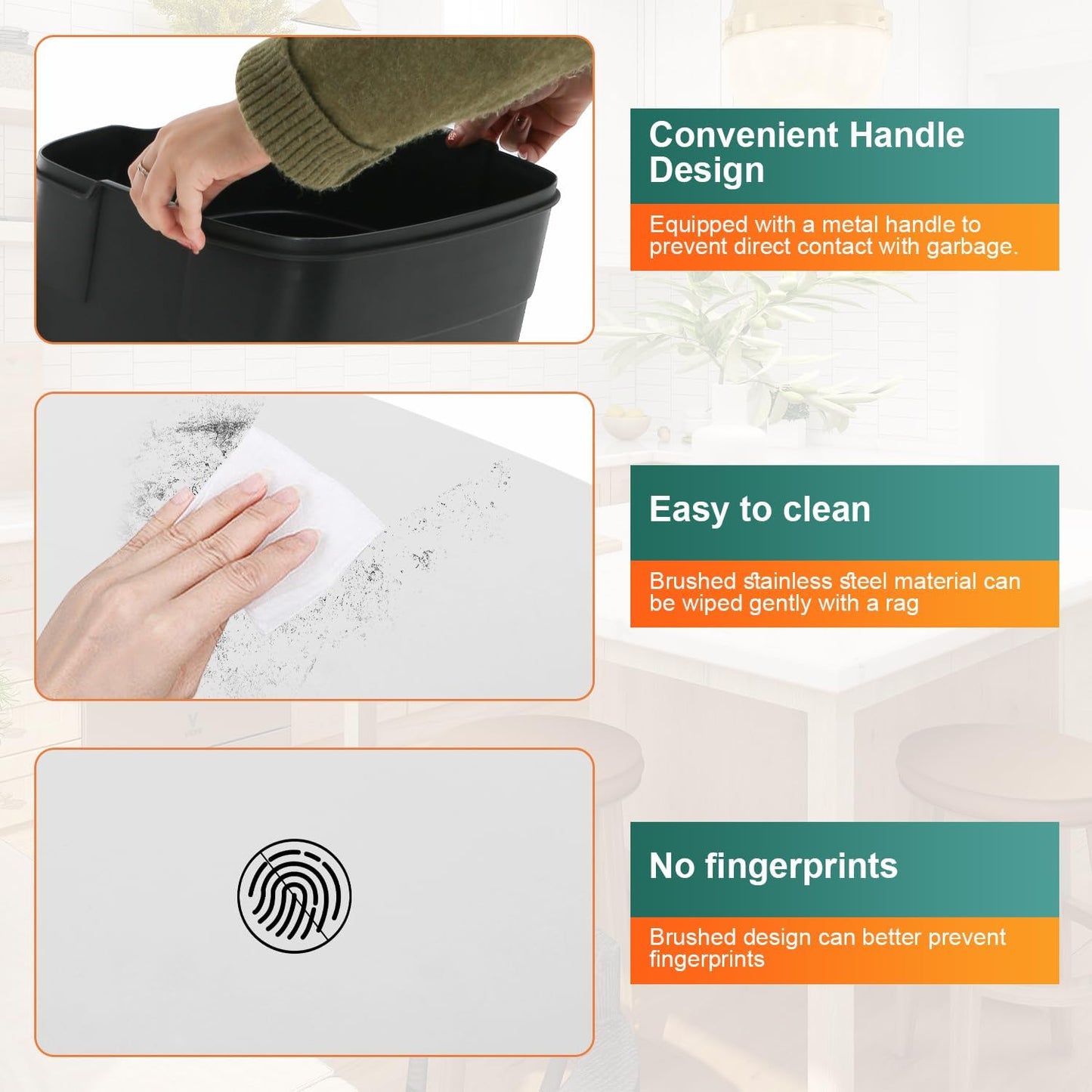 13 Gallon/50 L Garbage Can Kitchen Trash Can with Lid for Office Bedroom Bathroom Step Trash Bin Fingerprint-Proof Brushed Stainless Steel