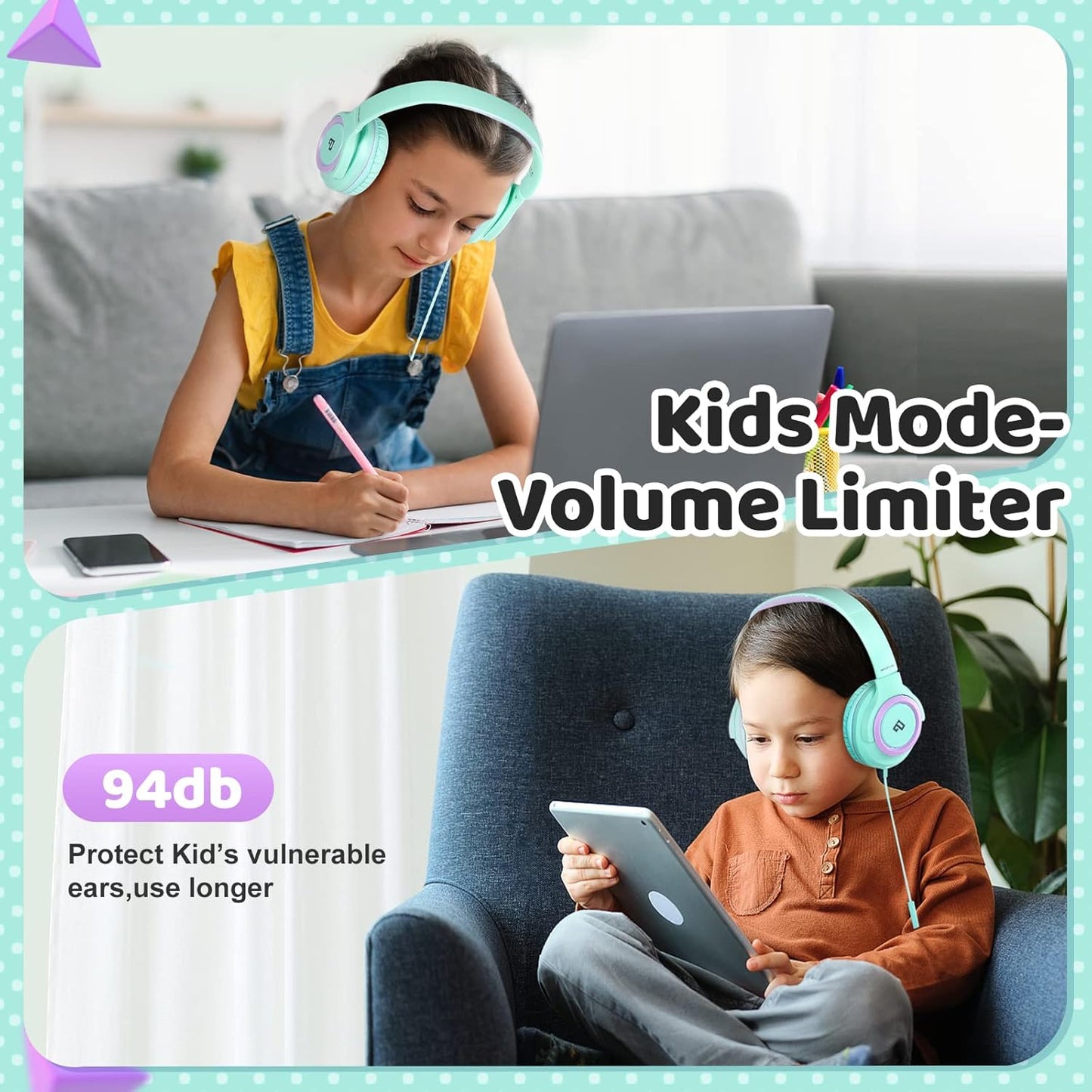INFURTURE Kids Headphones for School Travel, 94dB Safe Volume Limited, HD Mic Stereo Sound Over-Ear Girls Boys Headphones for Kid, Foldable 3.5mm and USB-C Wired Headphones for iPad Computer