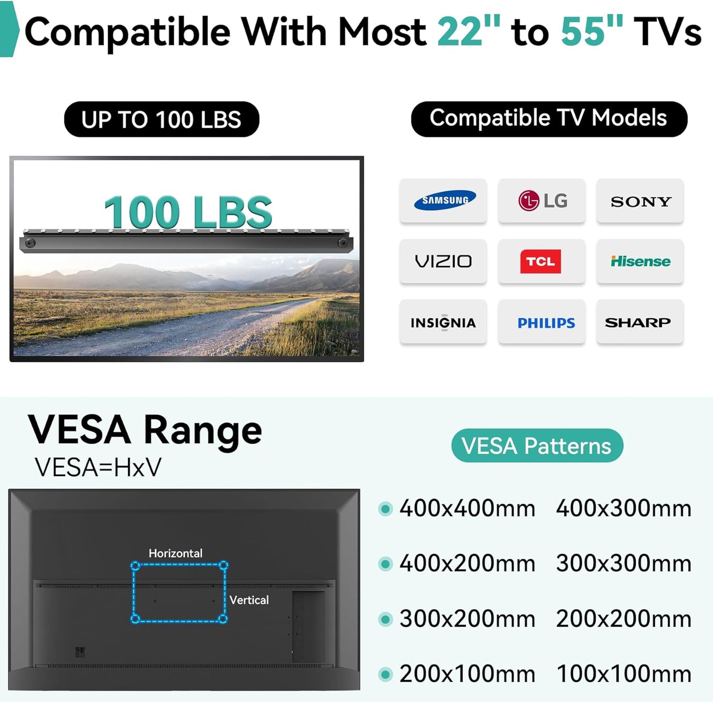 Auoace No Stud TV Wall Mount for 22-55 inch TVs, Drywall Studless TV Hanger Tilts Up to 5°, Low Profile Studless TVs Wall Mount, Easy to Install for Bedroom, Living Room