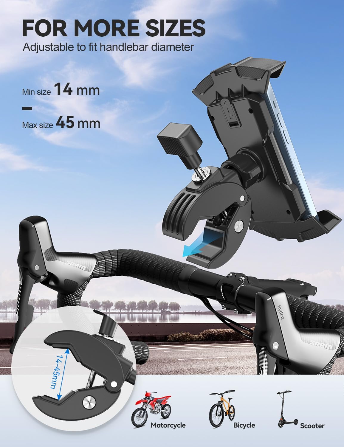 Oraolo Motorcycle Phone Mount, Bike Phone Holder, Phone Holder for Bike Scooter Handlebar, Security Lock, One-Hand Operation, 360° Rotatable Phone Mount Compatible with 4.7-6.8" Phones, 1 Pack