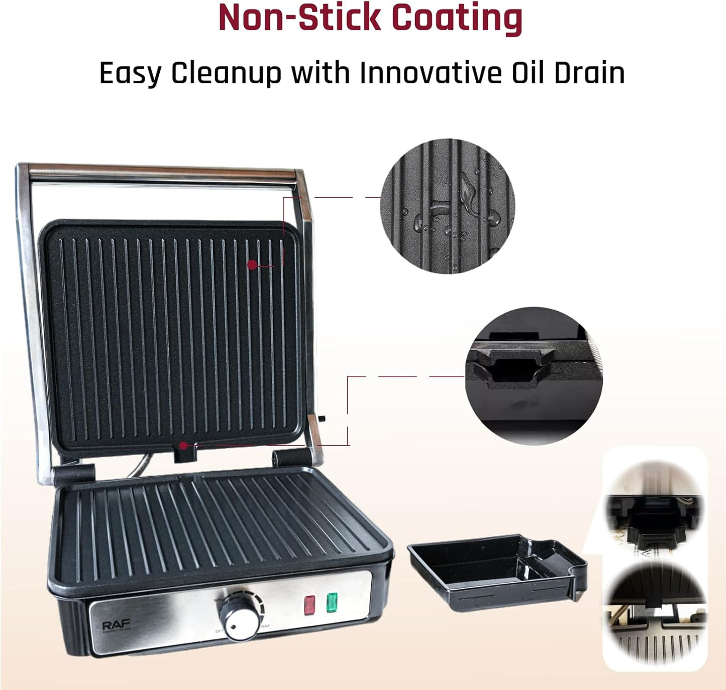 Sandwich Maker, Perborisy 4 Slice 1500w Panini Press Grill with Non-Stick Coated Plates 180-Degree Opening to Fit Any Food Size Stainless Steel Surface and Removable Drip Tray - PuriLite