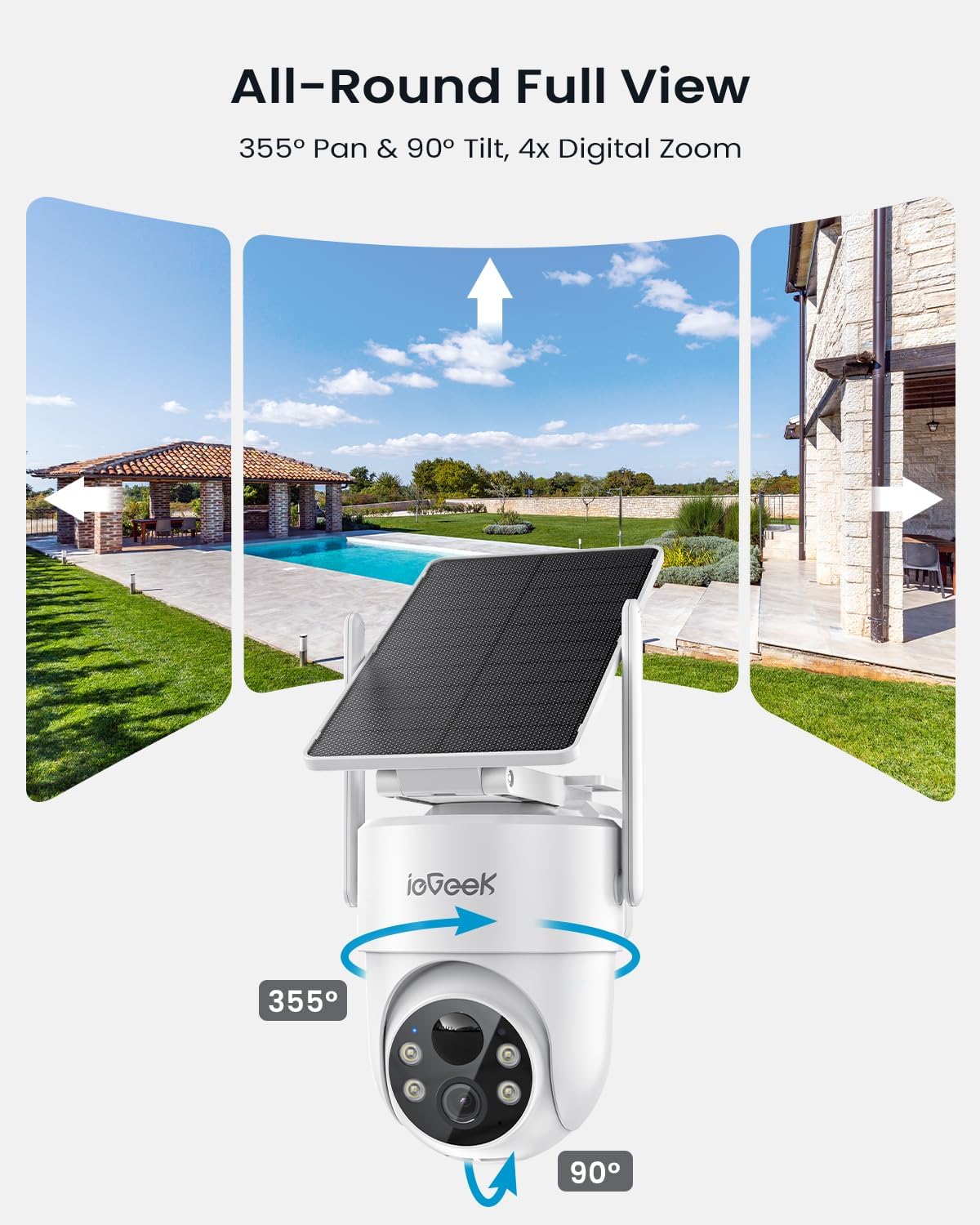 ieGeek 2K Security Cameras Wireless Outdoor, with Adjustable&Removable Solar Panel, 360°PTZ, Color Night Vision, 2.4G WiFi Camera Surveillance Exterieur, Smart Motion Sensor, Light&Siren,Work w/Alexa