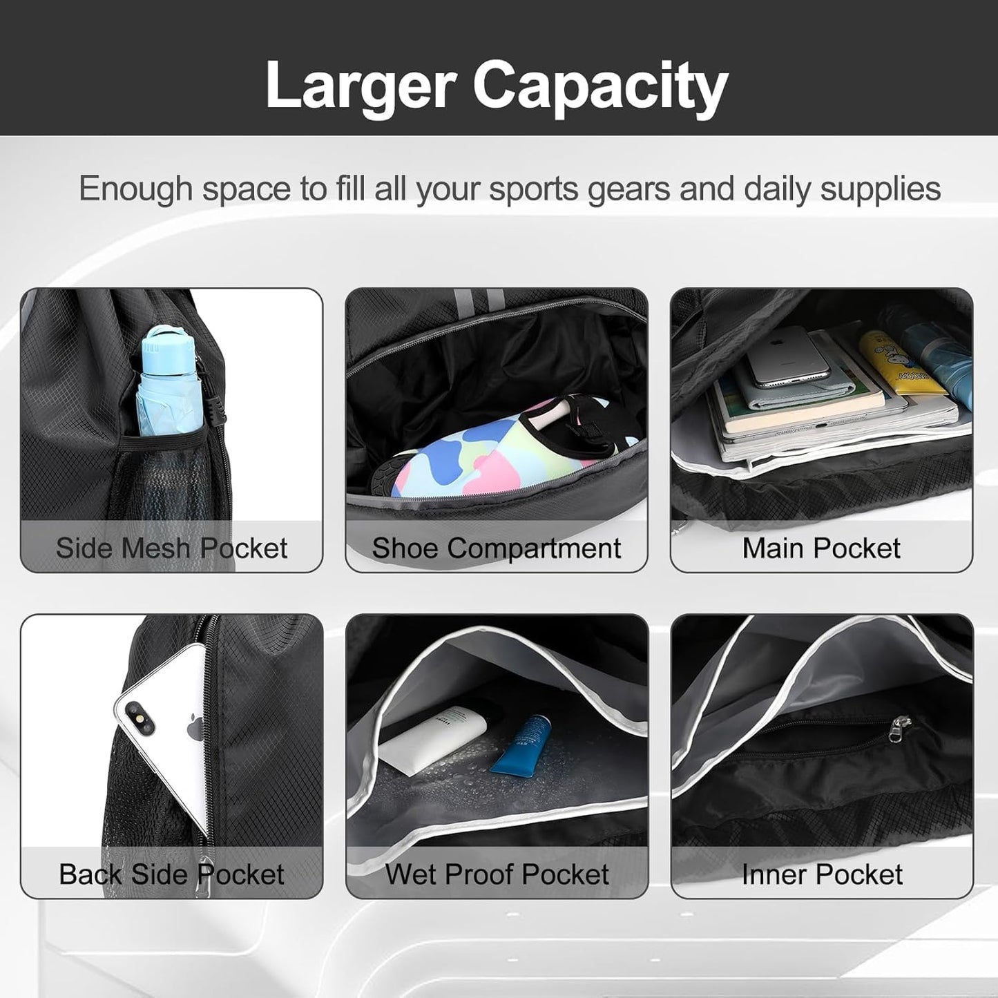 Hoedia Sports Drawstring Backpack - String Swim Gym Bag with Shoes Compartment and Wet Proof Pocket for Women/Men