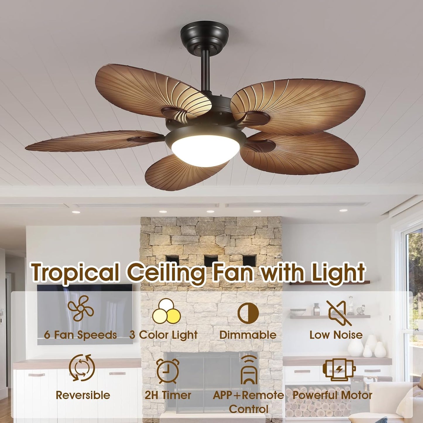 Wiviniya Ceiling Fans with Lights and Remote/APP Control, 44 Inch Tropical Palm Leaf Ceiling Fan with LED Lights, Outdoor Ceiling Fans for Patios Porch, Reversible Quiet Motor, Dimmable, Light Brown