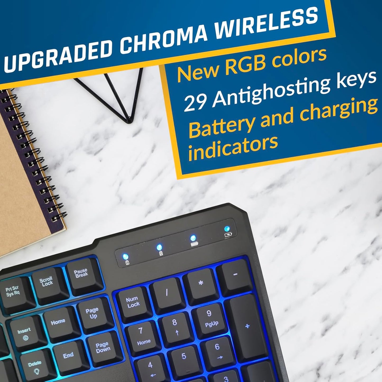 KLIM Chroma Wireless Gaming Keyboard RGB New - Long-Lasting Rechargeable Battery - Quick and Quiet Typing - Water Resistant Backlit Wireless Keyboard for PC PS5 PS4 Mac - Black