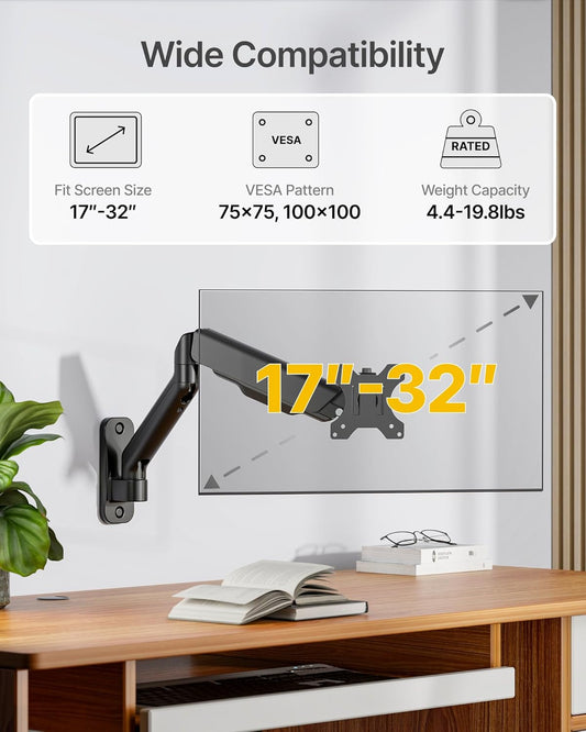 monTEK Single Monitor Wall Mount for 17 to 32 inch Flat/Curved Screens, Holds to 19.8 lbs, Full Motion Adjustable Mechanical Spring Monitor Arm, 75x75/100x100 VESA Wall Mount, Black - PuriLite