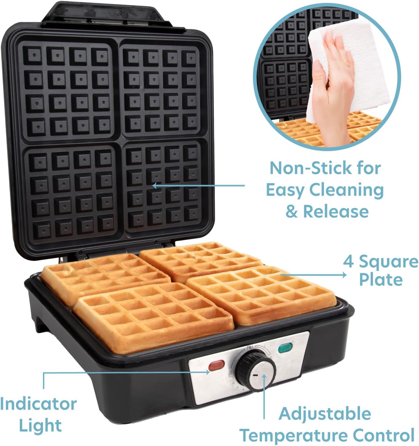 CucinaPro Four Square Belgian Waffle Maker, Extra Large Stainless Steel Kitchen Appliance w Nonstick Waffler Iron Plates Makes 4 Fluffy Waffles, Great Griddle for Family Breakfast or Housewarming Gift
