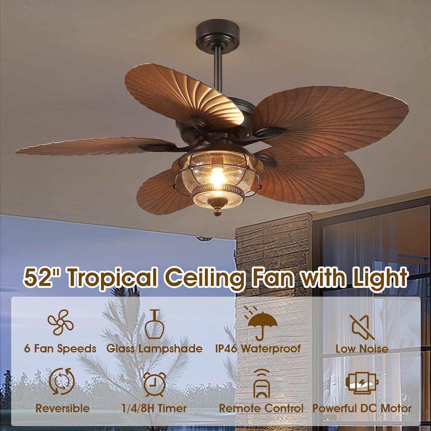Wiviniya Ceiling Fans with Lights and Remote/APP Control, 44 Inch Tropical Palm Leaf Ceiling Fan with LED Lights, Outdoor Ceiling Fans for Patios Porch, Reversible Quiet Motor, Dimmable, Light Brown