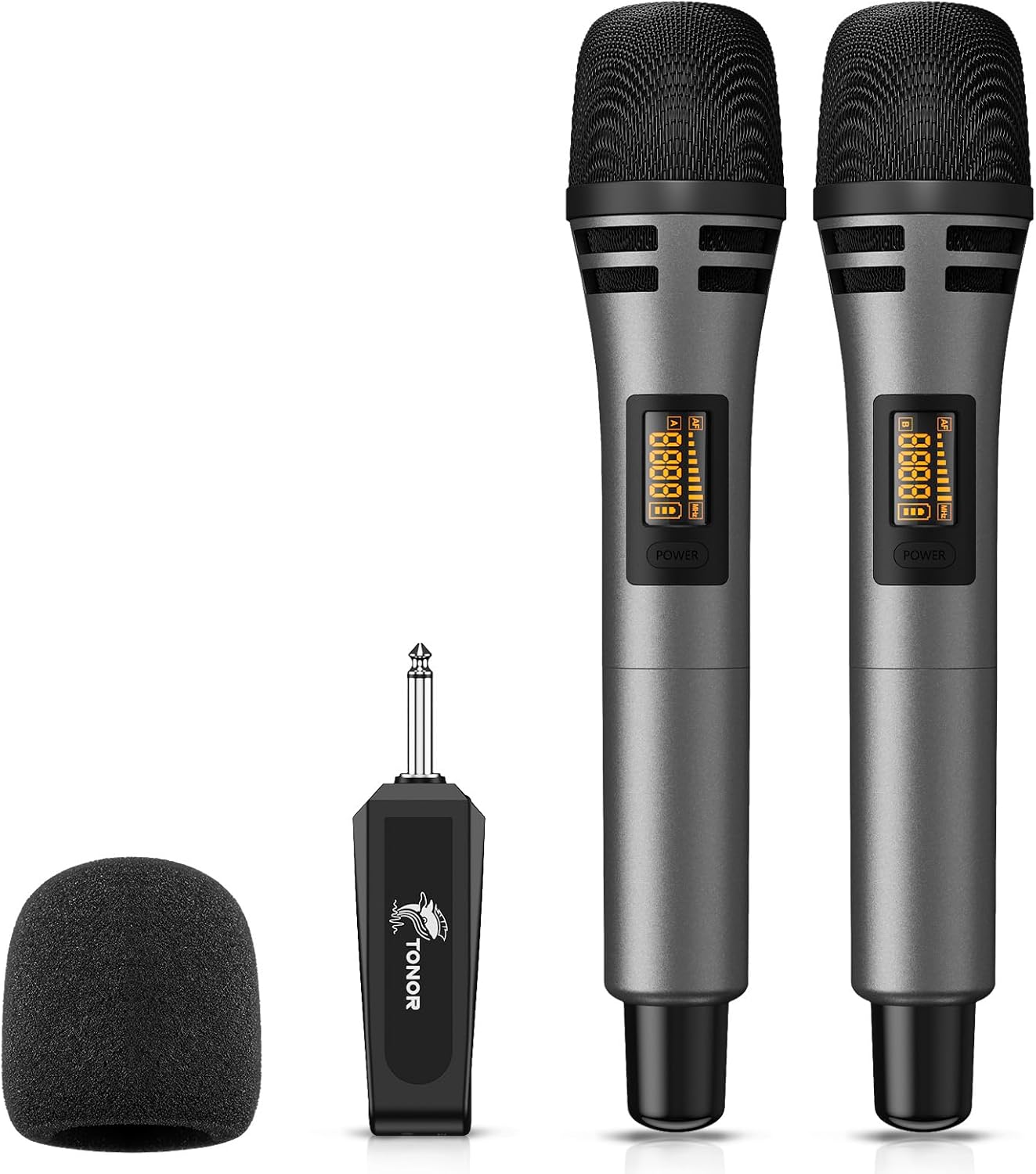 TONOR Wireless Microphones, UHF Dual Karaoke Microphone System, Microfonos Inalambricos with Rechargeable Receiver, Cordless Dynamic Mic for Singing, Wedding, DJ, Party, Speech TW320 Grey