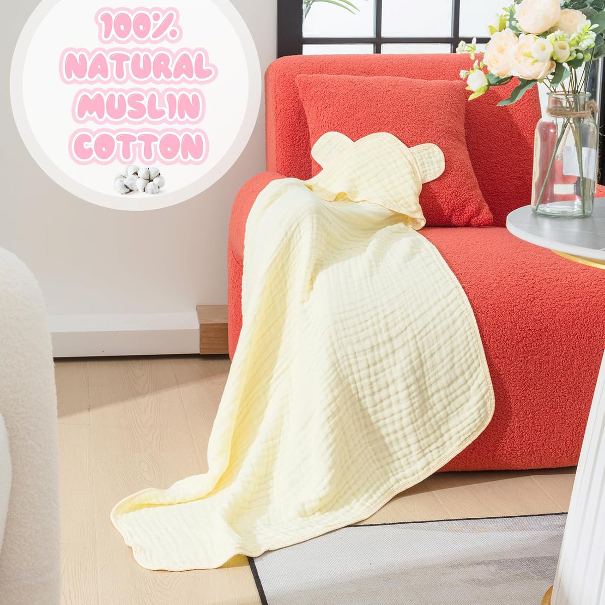 Preboun 6 Pcs Muslin Baby Bath Towel with Hood 6 Layers Cute Hooded Baby Towels Cotton Absorbent Baby Hooded Towel for Newborn Kids Girl Infant Boys Toddler Shower Gift Supplies (Multicolor)