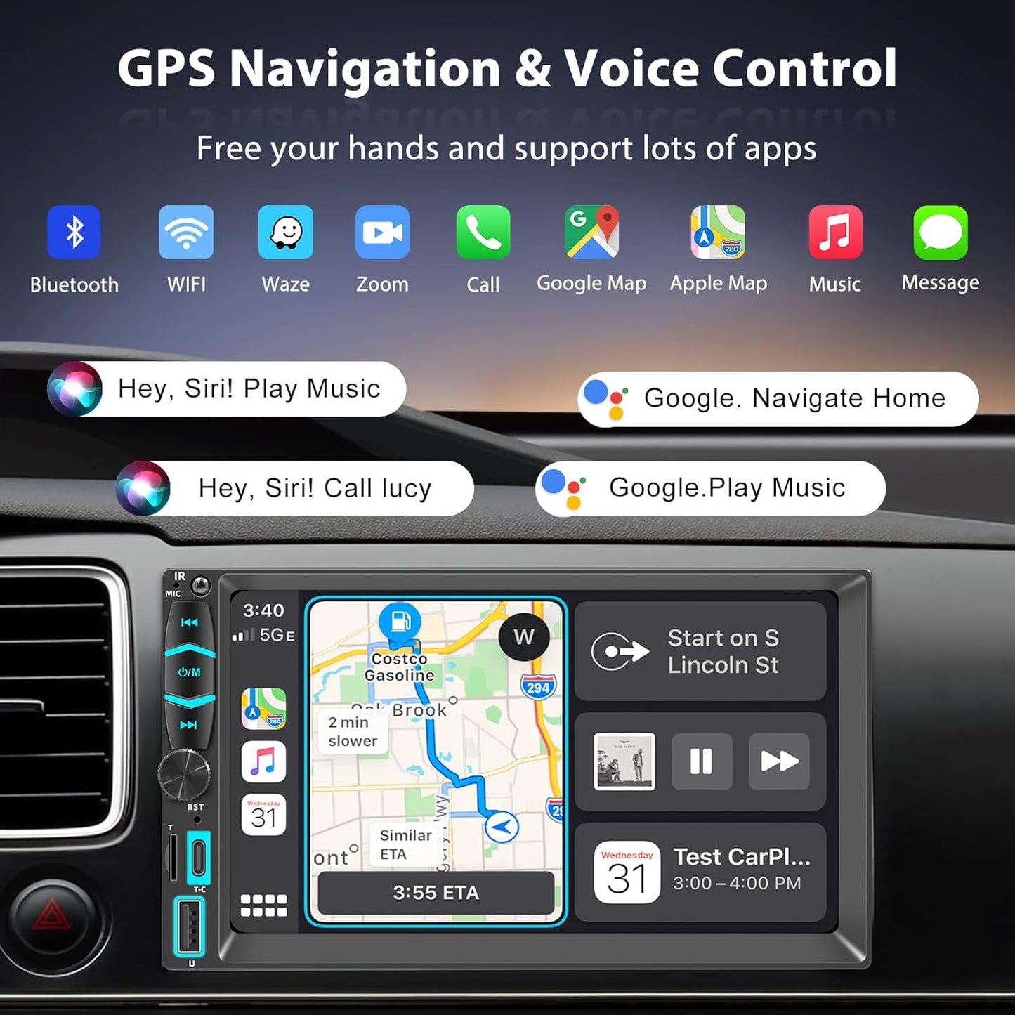 KMUTZY 7" Wireless Double Din Car Stereo,Apple Carplay Radio Screen for Car Audio Receivers, Bluetooth Car Play Android Auto Touchscreen, Mirror Link, Backup Camera, SWC, AM/FM, AirPlay, Type-C