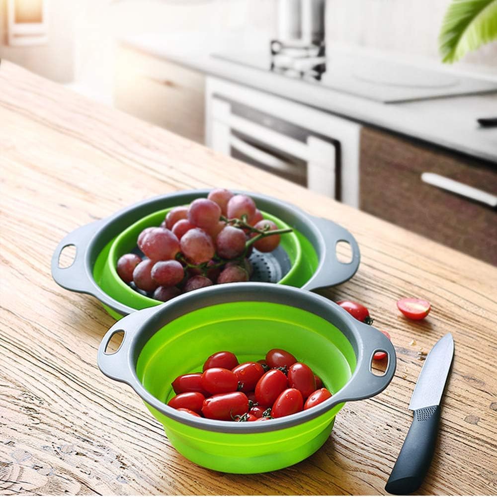 Collapsible Colander, BESUNTEK Strainer Set Round Food Silicone Kitchen for Draining Pasta, Vegetable and Fruit 2 pcs 4 Quart and 1 pcs 2 Quart (Orange + Green + Blue)