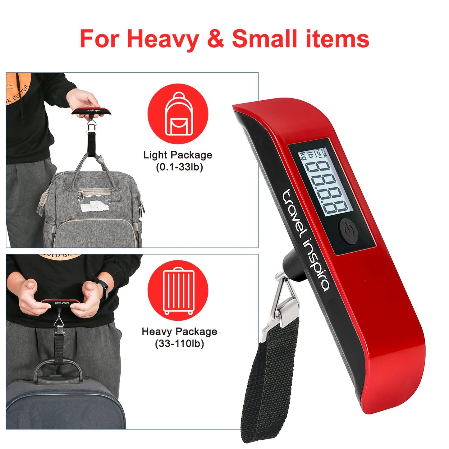 travel inspira Luggage Scale, Portable Digital Hanging Baggage Scale for Travel, Suitcase Weight Scale with Rubber Paint, 110 Pounds, Battery Included - Blue