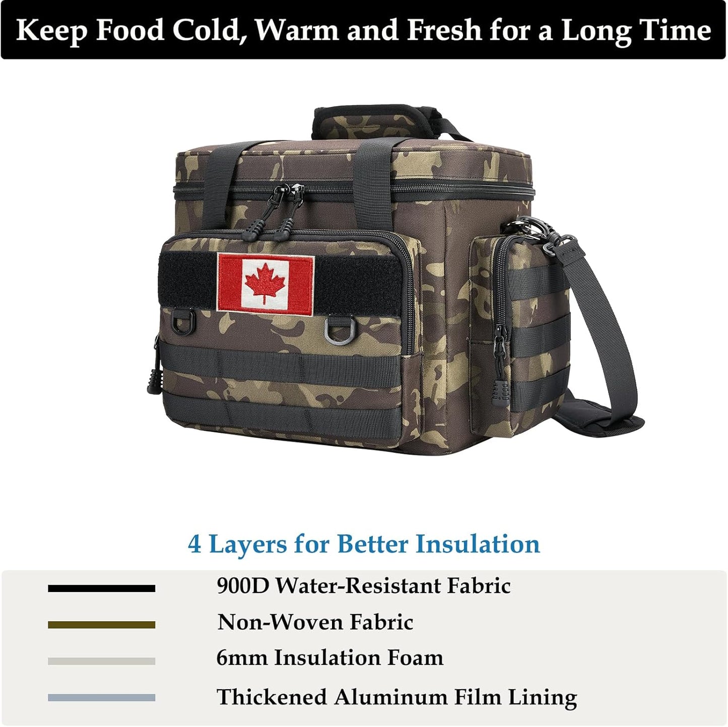 Tactical Lunch Bag for Men, Large Leakproof Insulated Lunch Box, Lunch Cooler Bag with Shoulder Strap, Lunch Pail for Adults Work Outdoor Picnic Trips, Black Camo