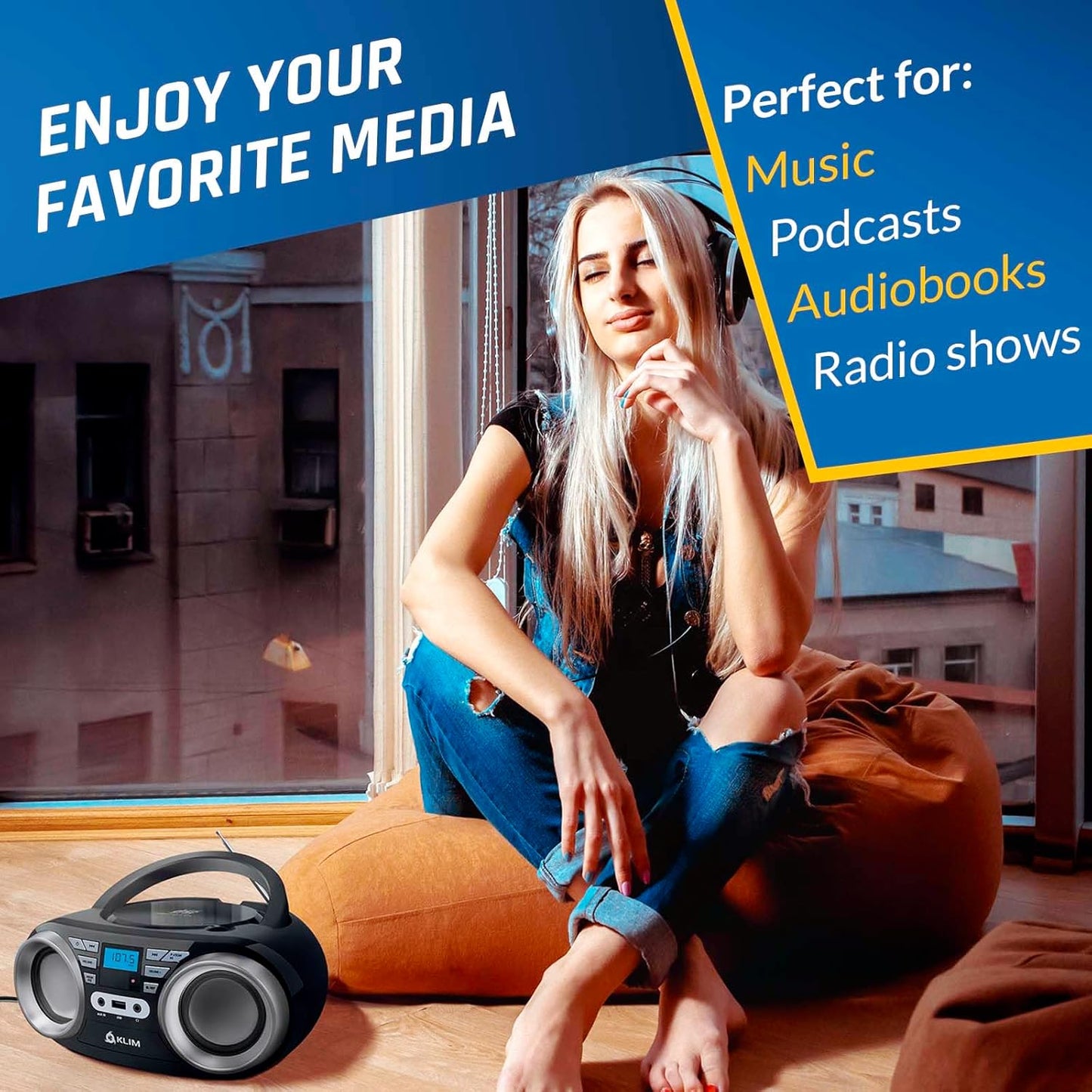 KLIM B3 Portable CD Player Boombox with FM Radio, Bluetooth, USB, AUX, and FM Radio Dual Speakers, EQ Sound Effects, 20 Preset Stations, Compact and Lightweight - Black No RGB