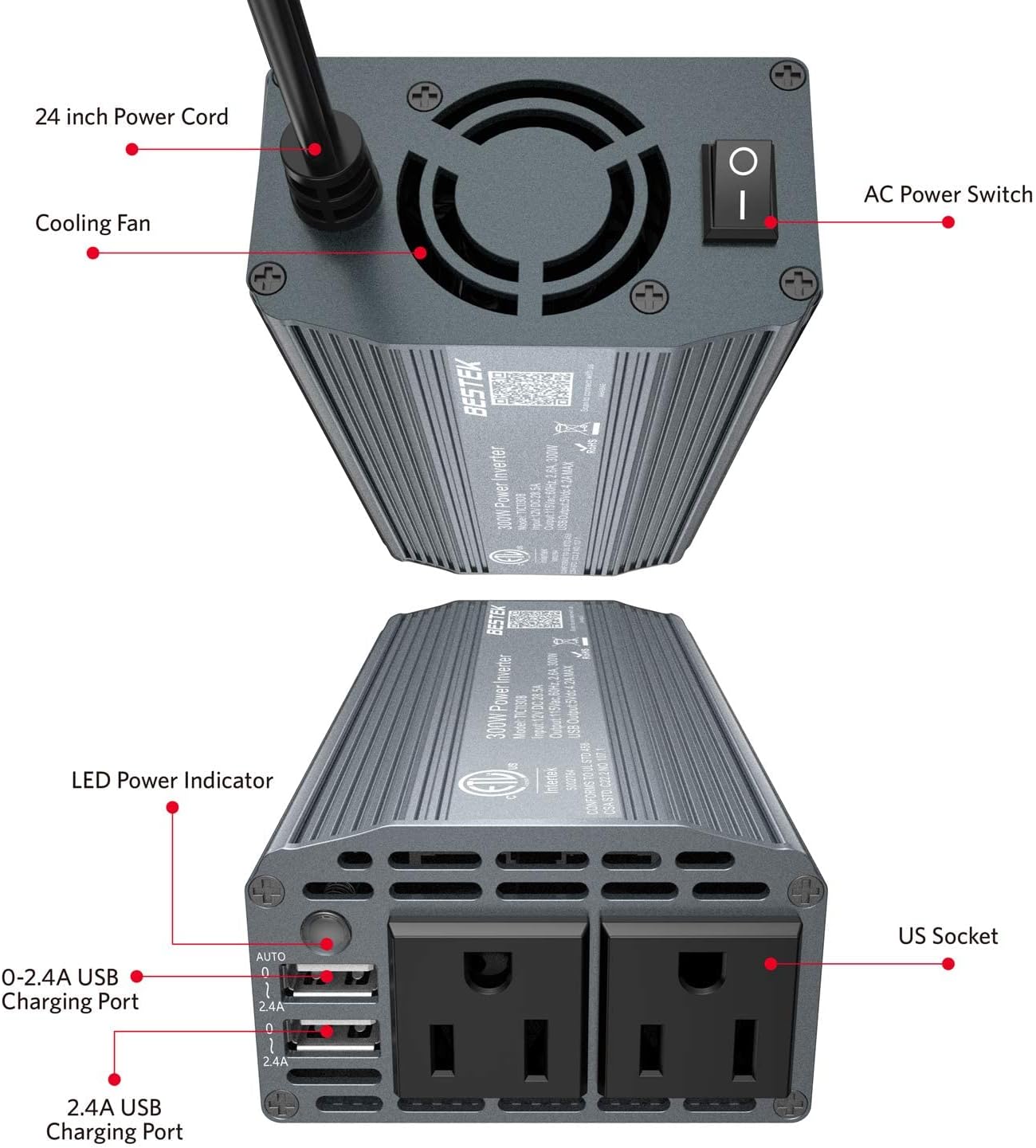 BESTEK Power Inverter DC 12V to AC 110V - 300W Car Plug Adapter Outlet with 4.8A Dual USB Fast Charging Port - Car Charger Cigarette Lighter Adapter for Phone, Laptop on Road Trip - Aluminum Housing