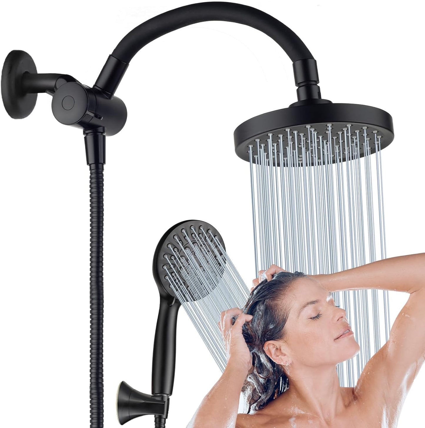COSYLAND Rain Shower Head with Handheld - 304 Stainless Steel High Pressure 8 inch Square Rainfall Showerhead Combo with 5 Spray Mode 11 inch Extension Adjustable Arm & 60 inch Hose - Chrome