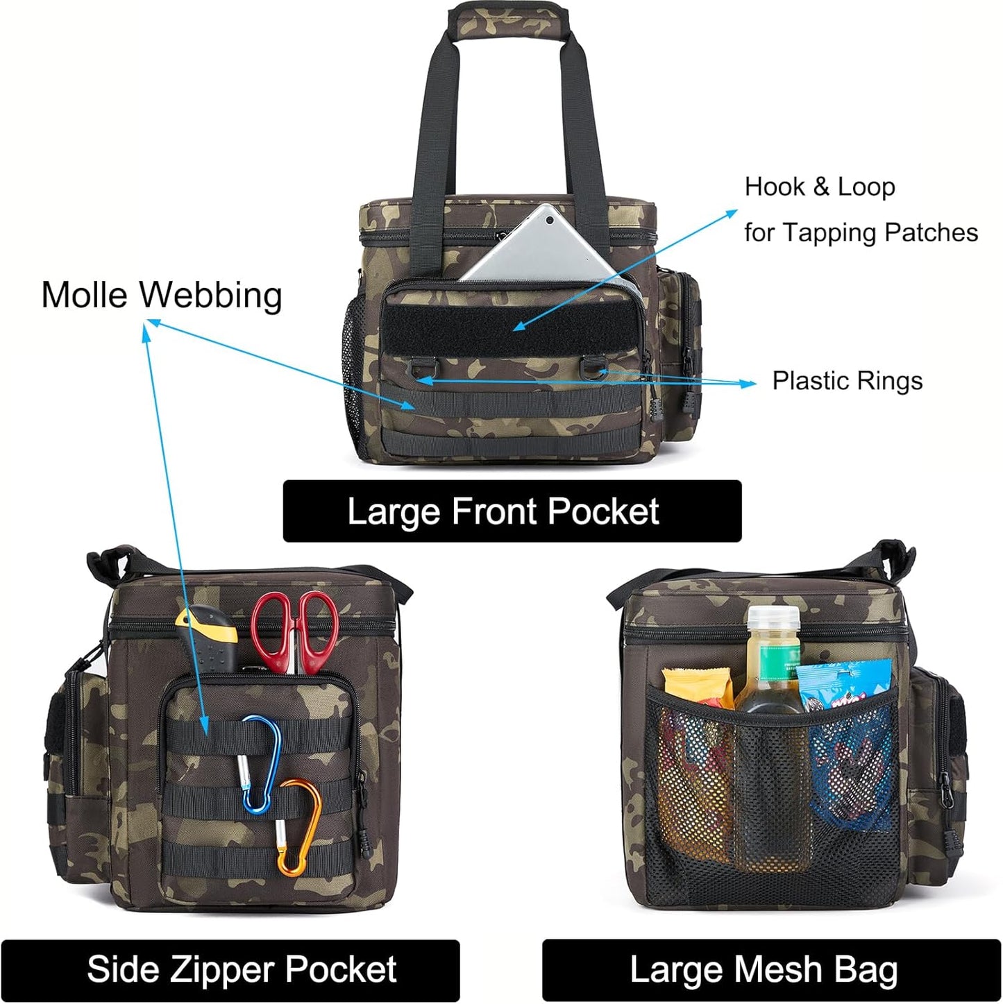 Tactical Lunch Bag for Men, Large Leakproof Insulated Lunch Box, Lunch Cooler Bag with Shoulder Strap, Lunch Pail for Adults Work Outdoor Picnic Trips, Black Camo