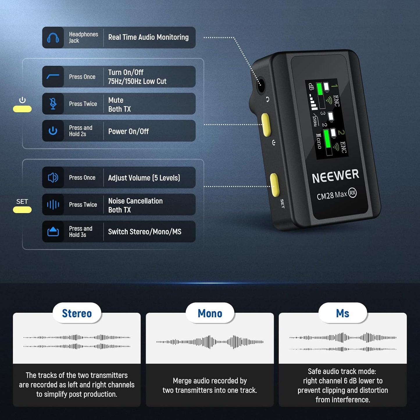 NEEWER CM28 Wireless Lavalier Microphone System with Charging Case, 1 Click Noise Canceling, 4GB Storage for 9Hrs of 48KHz 16 Bit Uncompressed Audio Lapel Mic Compatible with iPhone/Android/PC/Camera