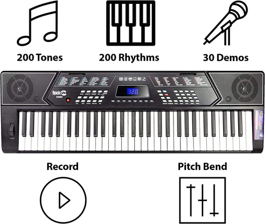 RockJam 61 Key Keyboard Piano With Pitch Bend Kit, Keyboard Stand, Piano Bench, Headphones, Simply Piano App & Keynote Stickers - PuriLite