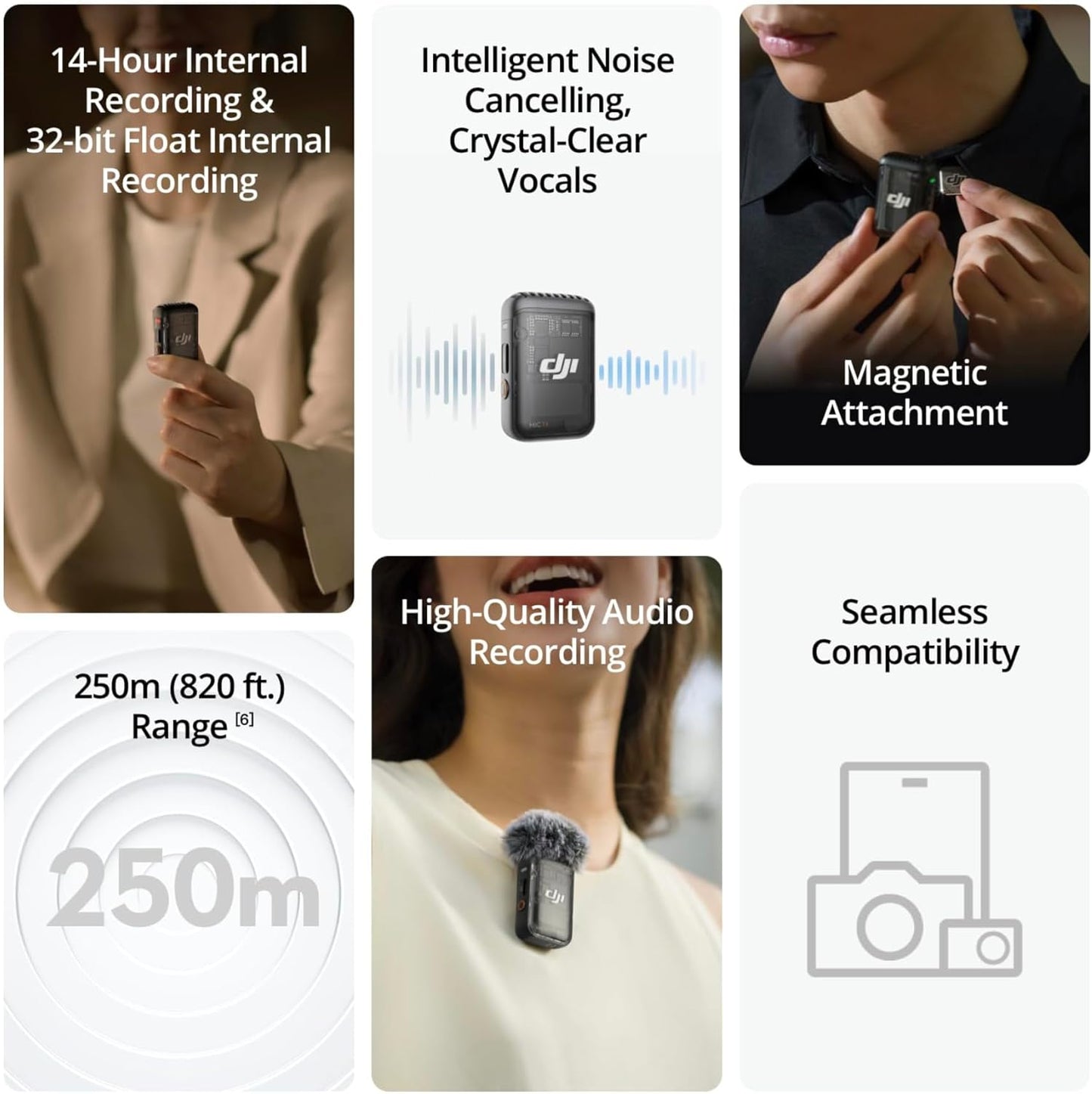 DJI Mic 2 (2 TX + 1 RX + Charging Case), Wireless Lavalier Microphone, Intelligent Noise Cancelling, 32-bit Float Internal Recording, 820 ft.(250m) Range, Microphone for iPhone, Android, Camera