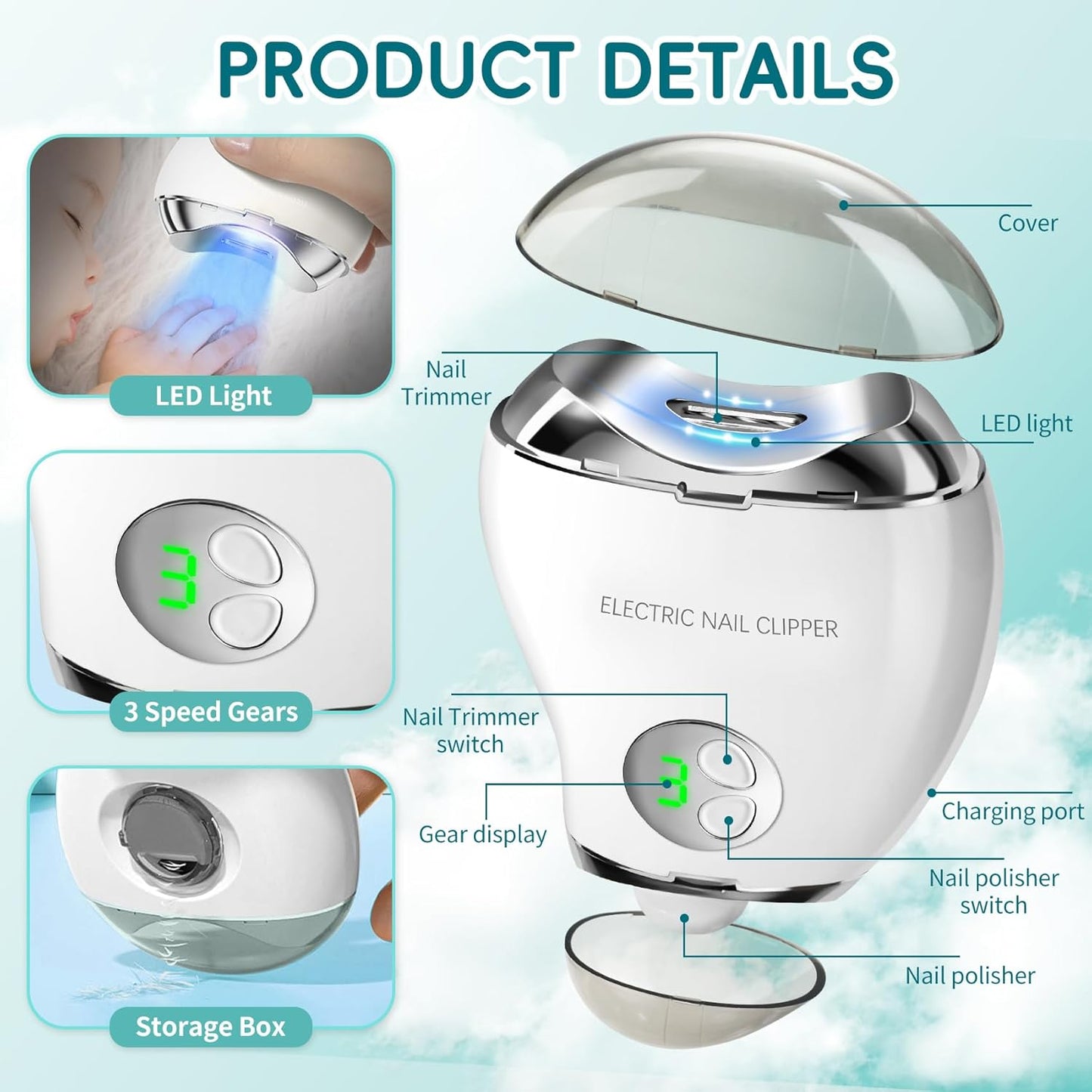 Bvrocio Electric Nail Clipper, 2 in 1 Automatic Nail Trimmer & Nail File, 3 Speeds LCD Digital Display, USB Rechargeable Safety Fingernail Trimmer with Nail Clip Storage for Baby (White)