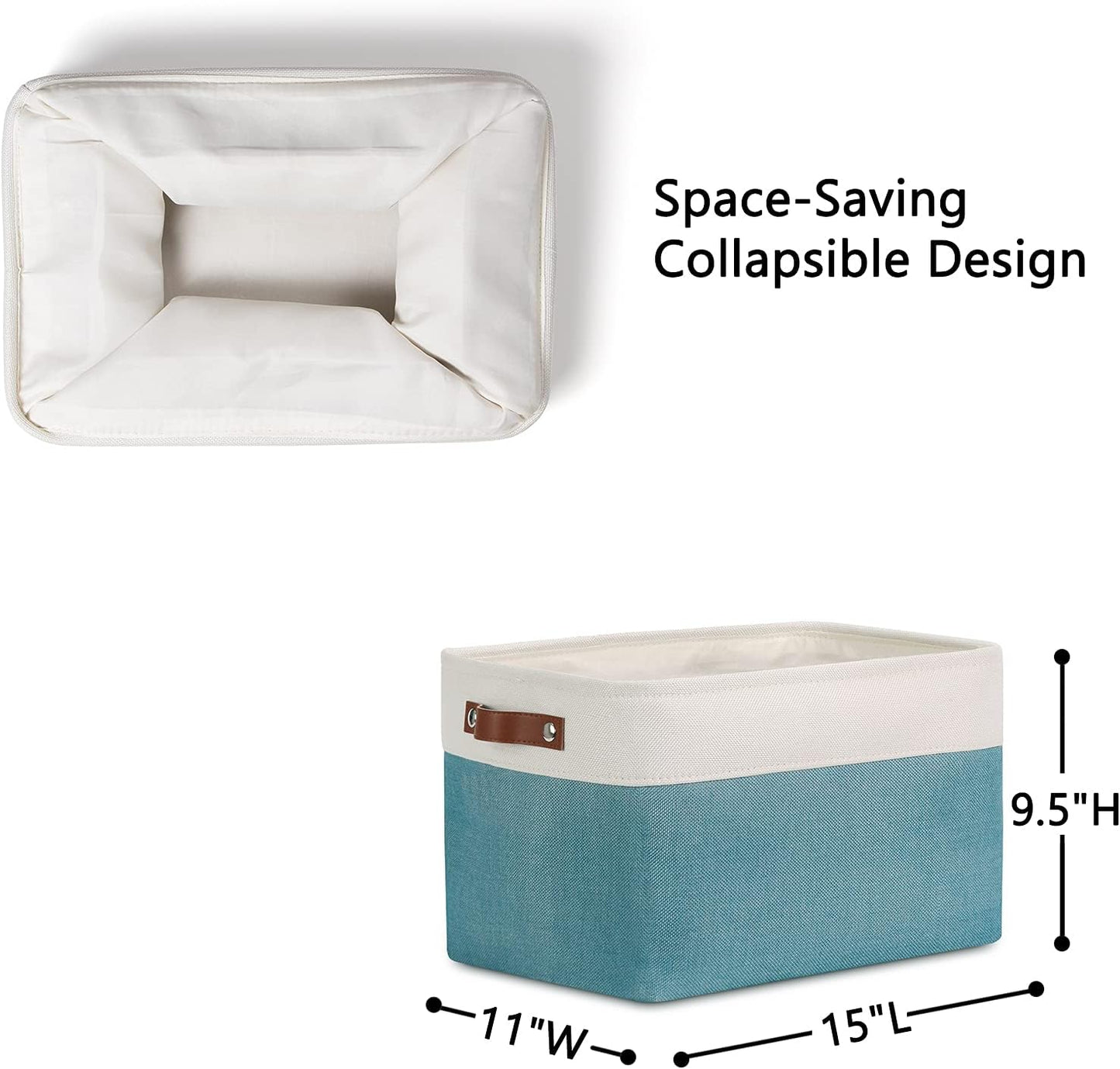DULLEMELO Storage Baskets for Shelves, Fabric Collapsible Rectangular Storage Bins for Shelves, Closets, Nursery, Home, Office, Empty Gift Baskets (White&Teal)