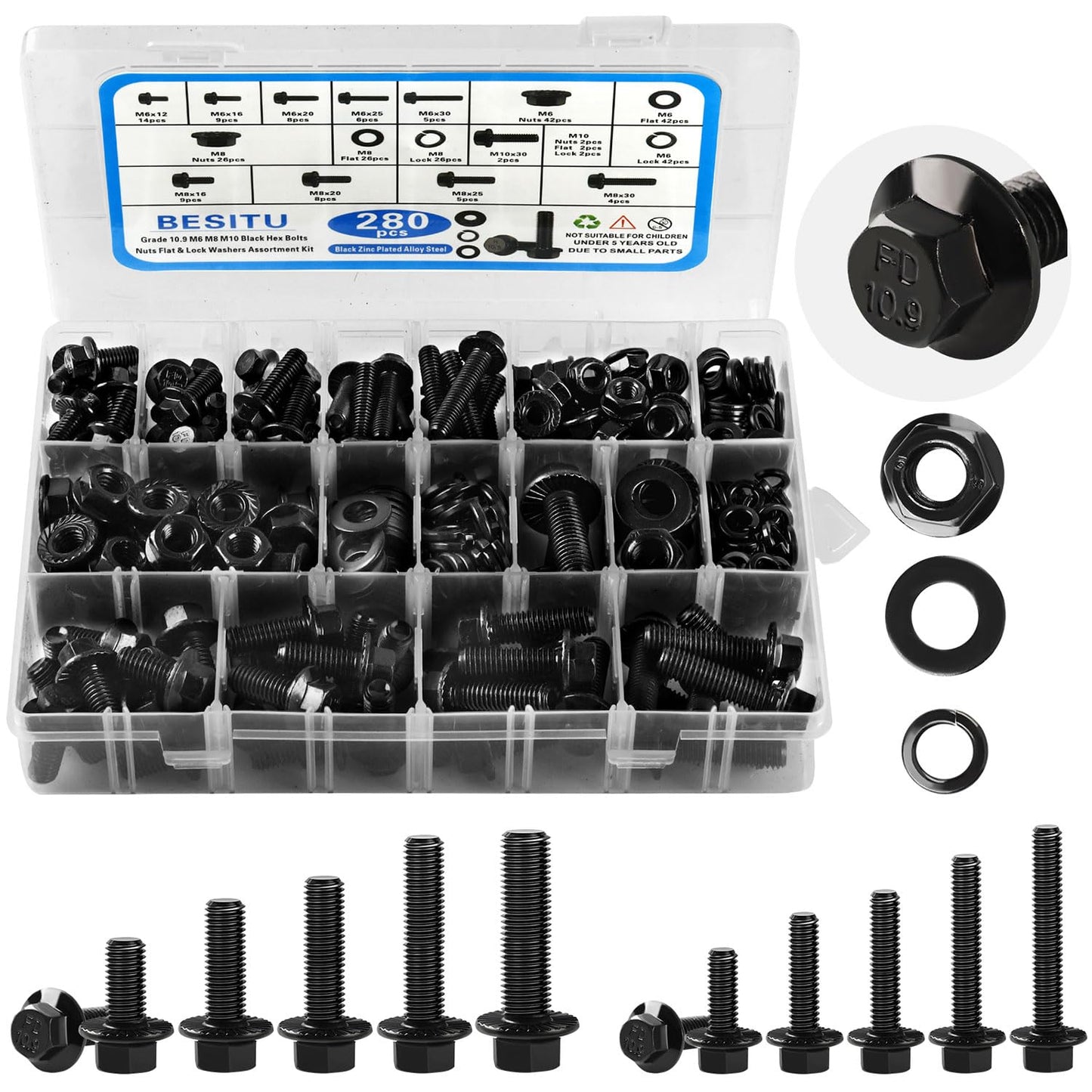 Besitu 280Pcs Metric Flange Bolt Assortment, M6x1.0, M8x1.25, M10x1.5 (12mm to 30mm) Assorted Hex Bolts and Nuts Washers Kit for Automotive, 10.9 Black Zinc Galvanized