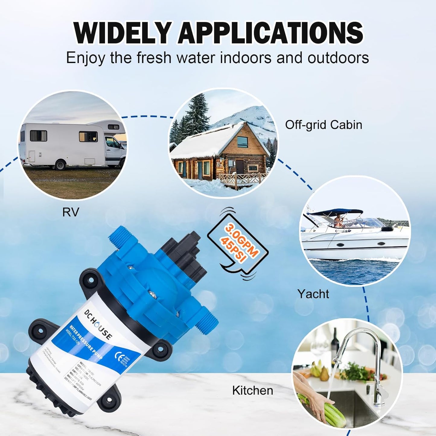 DC HOUSE 12V RV Fresh Water Pump 3.0GPM 45 PSI 12Volt DC Water Pressure Diaphragm Pump On Demand for Camper Trailer Off-Grid Cottage Yacht House