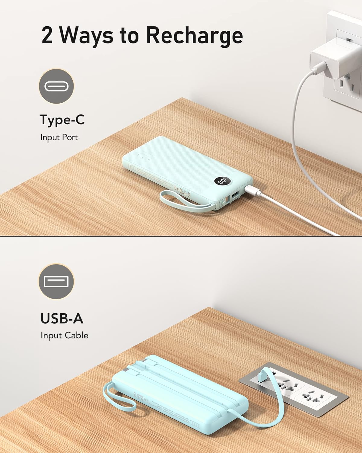 VEEKTOMX Power Bank with Built-in Cables 10000mAh Portable Charger for iPhone Slim Fast Charge USB C Battery Pack Travel Essentials Powerbank Compatible with iPhone, Samsung, Android, etc