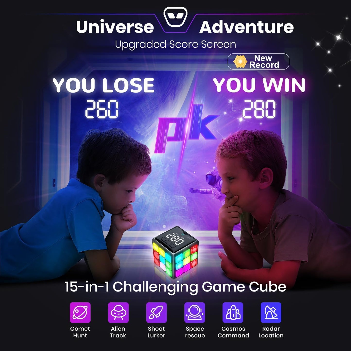 Rechargeable Game Handheld Cube for Kids – 15 Brain & Memory Games with Score Screen, Multi-Mode Puzzle Toy for Ages 6–12+, USB Charging, Black - PuriLite