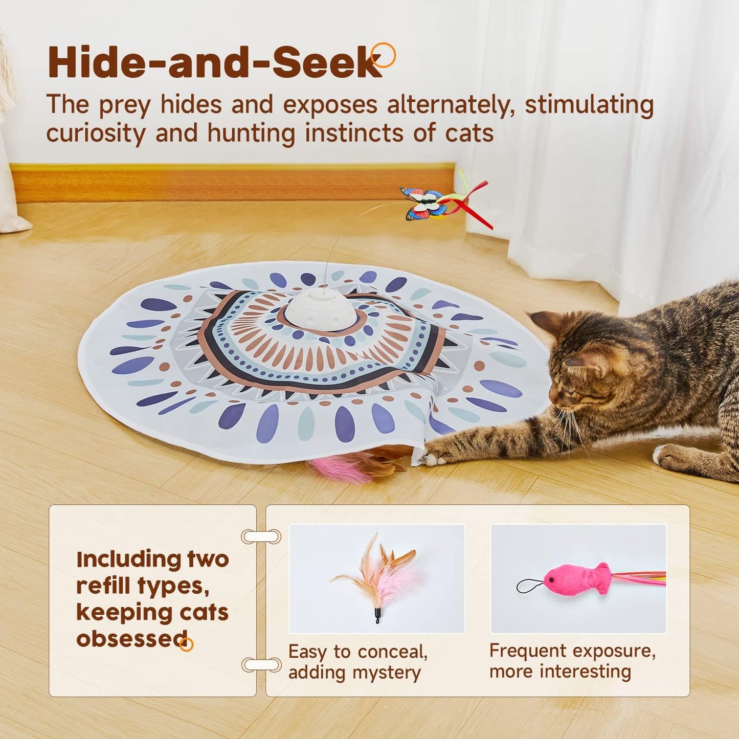 Potaroma Cat Toys Chargeable, 3in1 Hide and Seek for Kittens, Interactive Automatic Play, Fluttering Butterfly, Moving Wand Feather, Indoor Kitty Exercise 22.8 Inch Cover for All Breeds