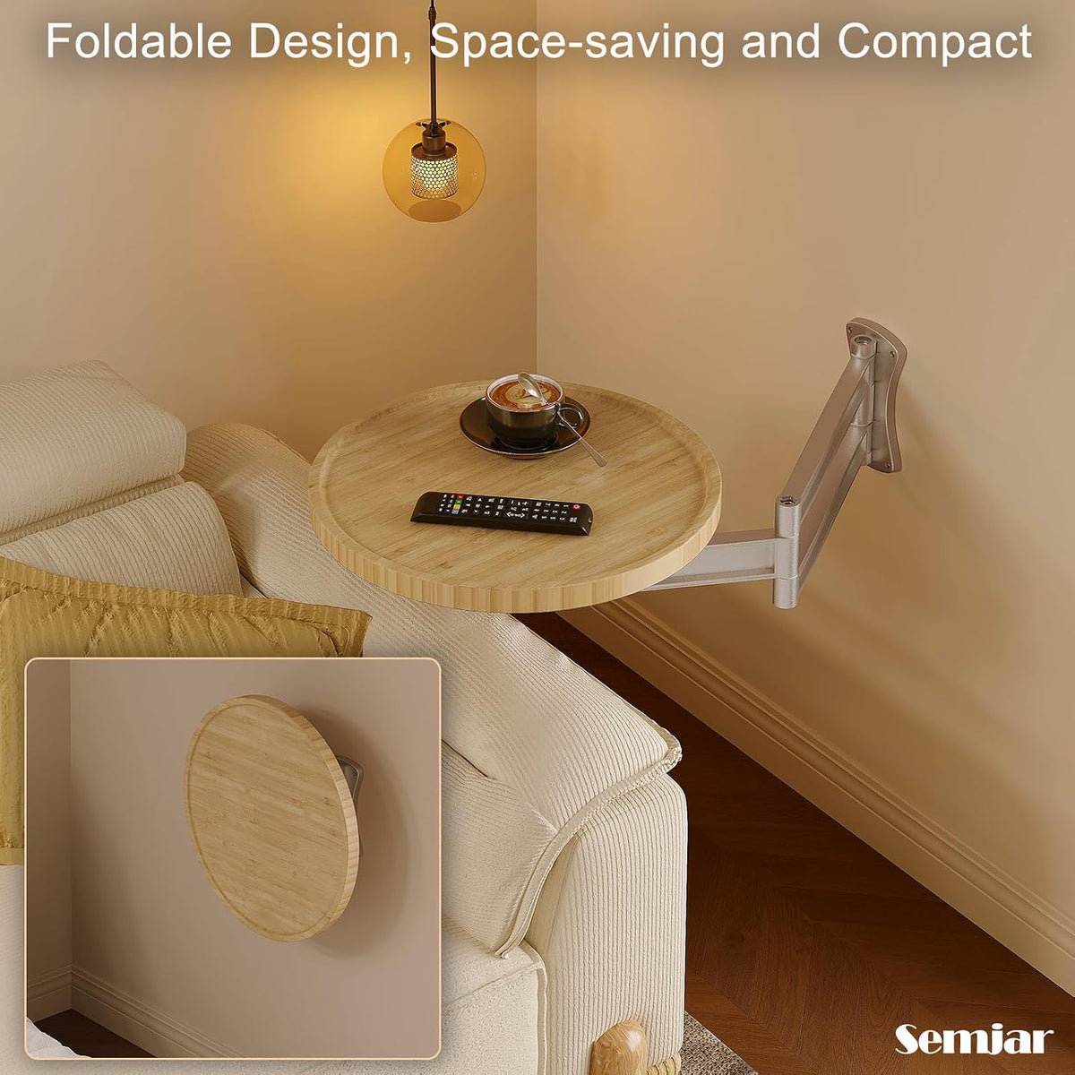 Wall Mounted Folding Table,Small Bamboo Drop Down Floating Wall Desk,11.8" Round Wood Tabletop with Retractable Aluminum Alloy Brackets,Bedside Wall Shelf Drop Top Desk,Fold Down Nightstand