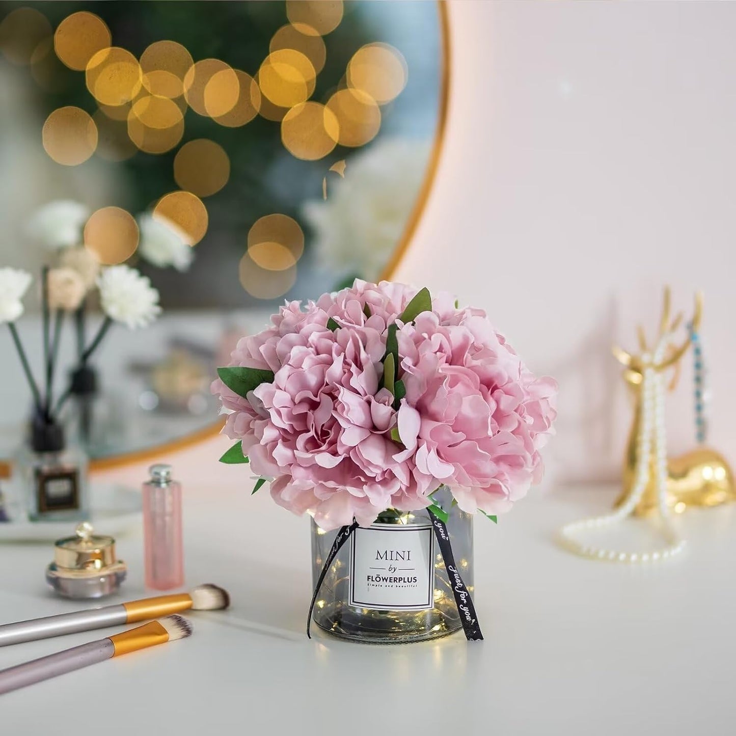 BLOSMON White Fake Flowers with Vase: Small Coffee Table Decor Bathroom Hydrangea Faux Flowers in Vase Office Desk Shelf Home Living Room Bedroom Vanity nightstand Decorations Floral Arrangement