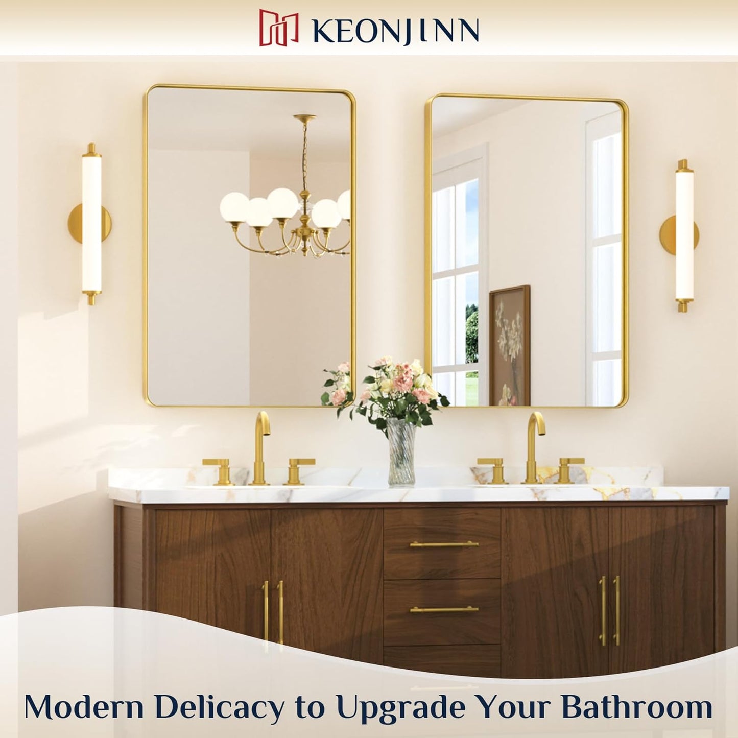 Keonjinn 42 x 36 Brushed Nickel Bathroom Vanity Mirror, Large Rounded Rectangle Bathroom Mirrors for over Sink, Metal Framed Silver Mirror for Wall, Shatterproof HD Tempered Glass(Horizontal/Vertical)