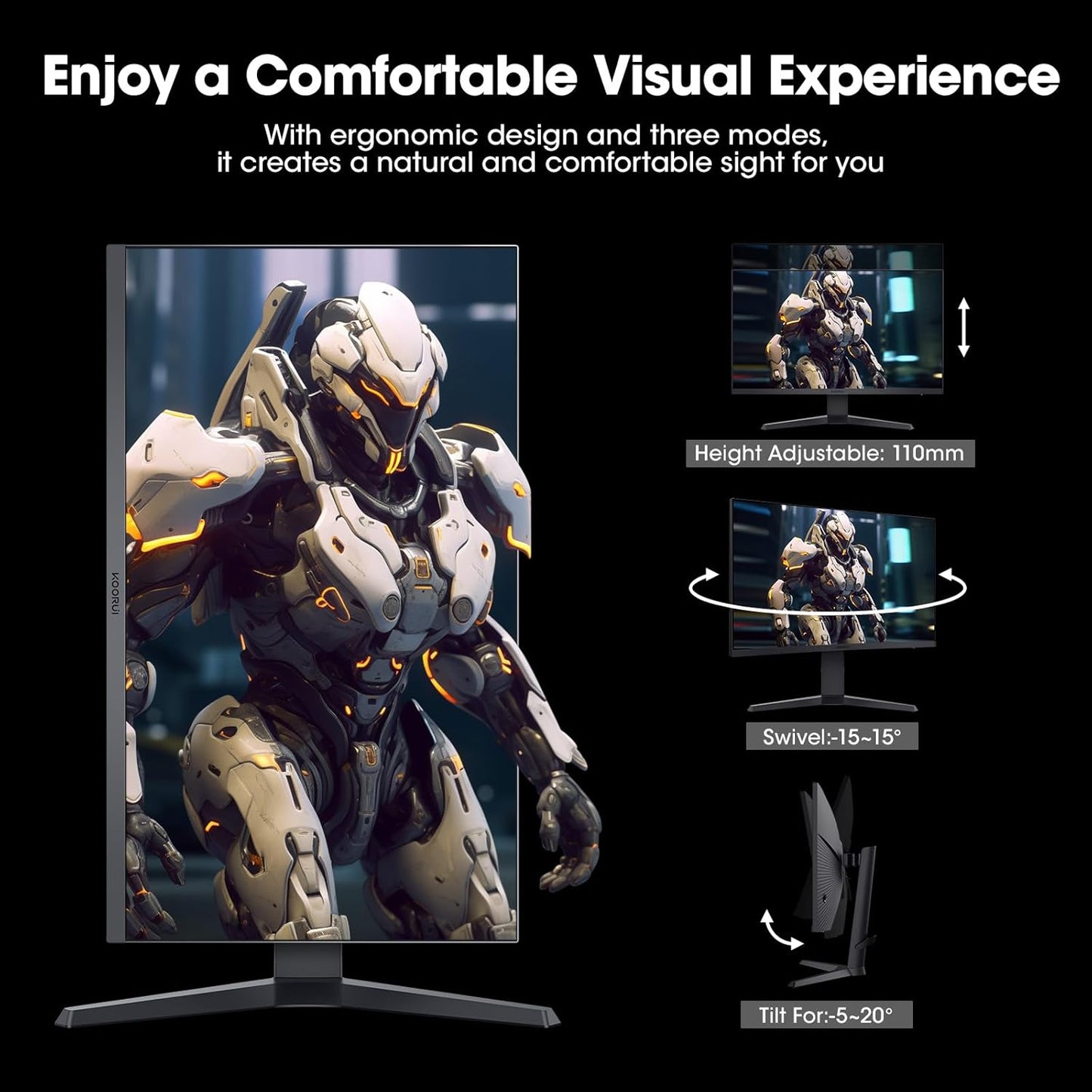KOORUI Monitor 27 inch QHD 2K Fast IPS Gaming Monitor, 200Hz 1ms, HDR400,95% DCI-P3,Adaptive Sync,Tilt Pivot Swivel Vertical Height Adjustable,HDMI 2.0 &DP 1.4 Ports, G2722P, Black