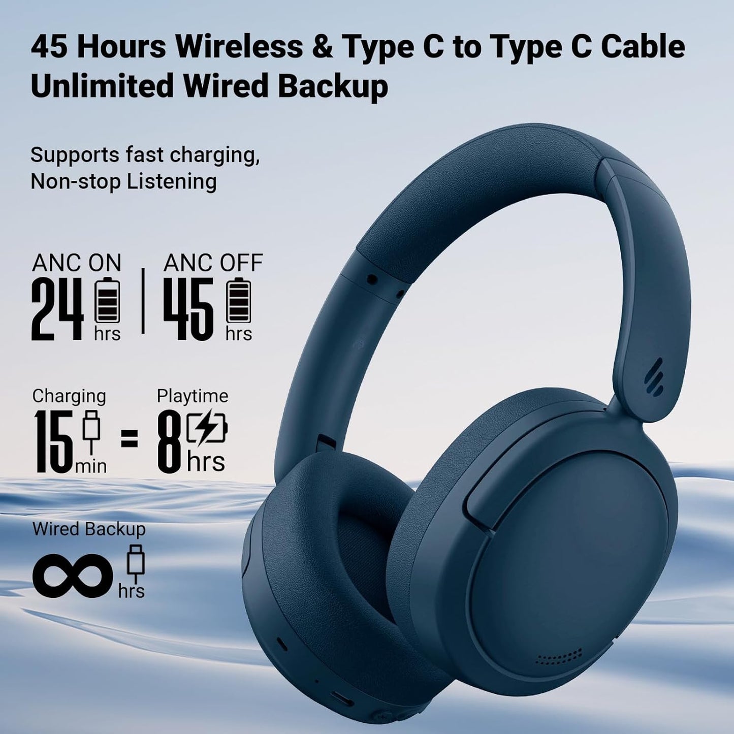 Edifier V80 Hybrid Active Noise Cancelling Bluetooth Headphones, Wireless Over Ear Headset with 45H Playtime, Wired Hi-Res Audio Fast Charging Multipoint Connection for Home Travel Office - Navy Blue