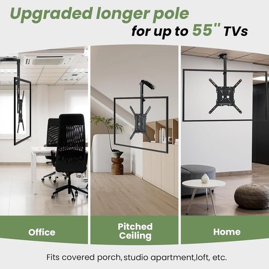 Ceiling TV-Mount Flip Down Folding - 23-55'' Manual Drop Down TV Mount, Fits Flat and Pitched Roof, Height Adjustable, Swivel, Max Load 44 lbs, Max VESA 400x400 mm, Black - PuriLite