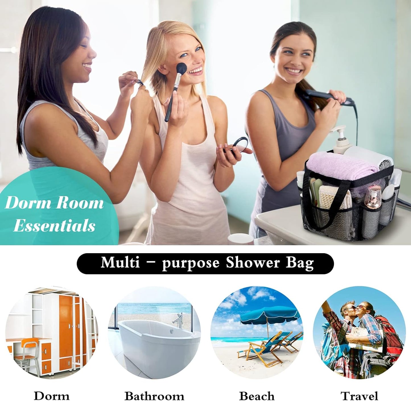 Attmu Mesh Shower Caddy Portable for College Dorm Room Essentials with 8 Pockets, Hanging Shower Caddy Basket Tote Bag Toiletry Accessories for Bathroom