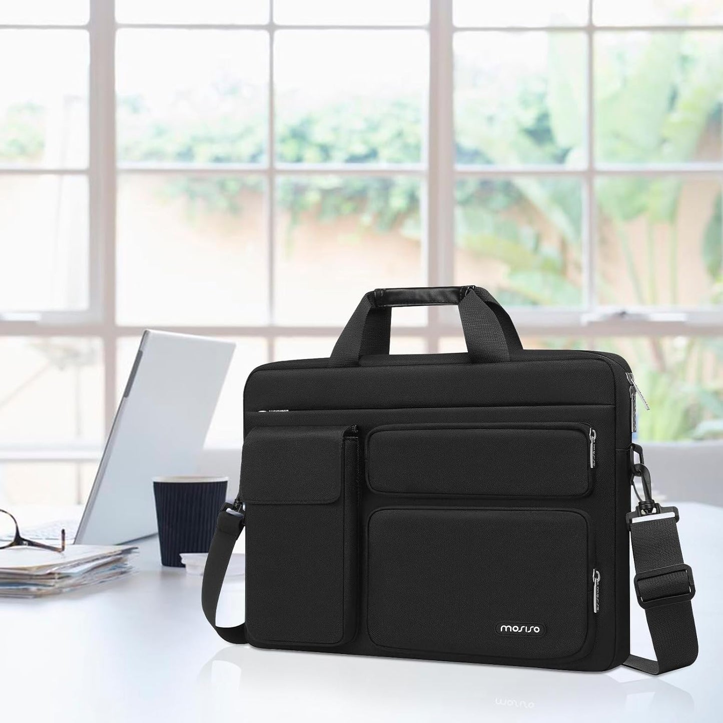MOSISO Laptop Bag 13.3 inch, 13-13.3 inch Computer Shoulder Bag Compatible with MacBook Air/Pro 13/Pro 14, HP Dell ASUS Notebook &2 Raised&1 Flapover&1 Horizontal Pocket&Handle&Belt, Black