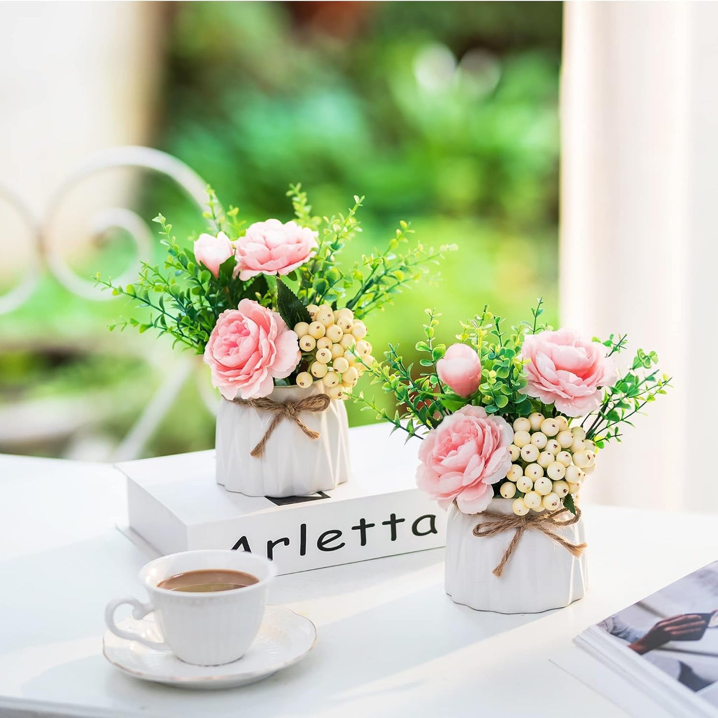 BLOSMON White Fake Flowers with Vase: Small Coffee Table Decor Bathroom Hydrangea Faux Flowers in Vase Office Desk Shelf Home Living Room Bedroom Vanity nightstand Decorations Floral Arrangement
