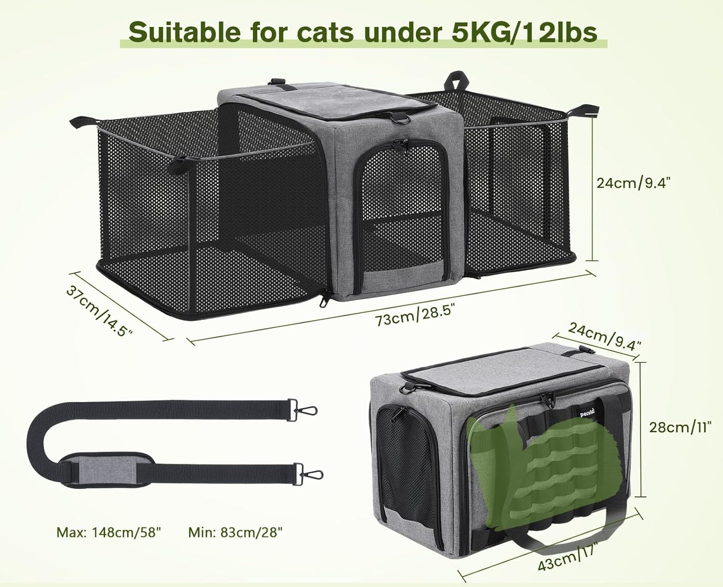 Approved Collapsible Cat Soft-Sided Carriers, Breathable Pet Carriers up to 5kg/12lbs, Portable Dog Carrier Great for Travel, Outdoor, Hiking, Camping(Gray)
